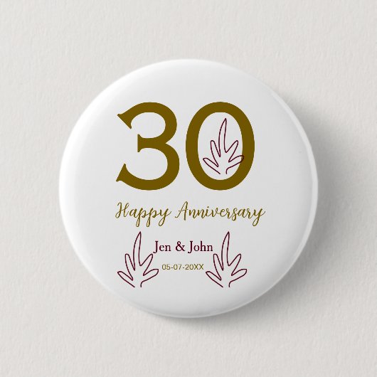 Frohes 30. Jubiläum Name Datum goldenes rotes Blat Button (Vorderseite)