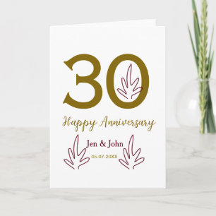 Frohes 30. Jubiläum Name Datum goldenes rotes Blat Karte
