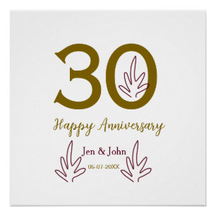 Frohes 30. Jubiläum Name Datum goldenes rotes Blat Poster