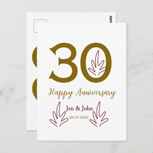 Frohes 30. Jubiläum Name Datum goldenes rotes Blat Postkarte (Vorne/Hinten)