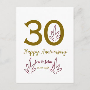 Frohes 30. Jubiläum Name Datum goldenes rotes Blat Postkarte