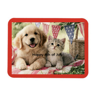 Frohes 4. Juli, süßer Welpe und getigerte Katze, Magnet