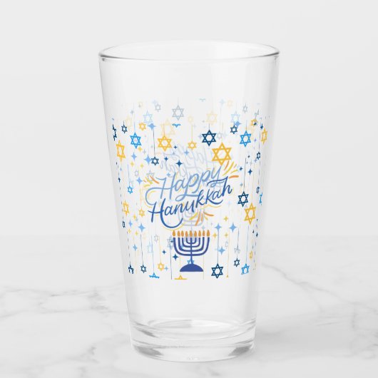 Frohes Chanukka Blau Und Gold Glas (Vorderseite)