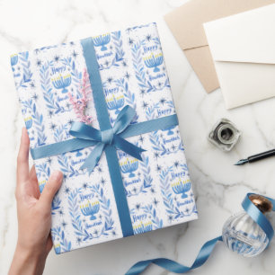 Frohes Chanukka Botanische Menora Aquarell Geschenkpapier