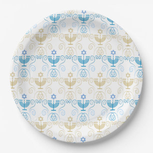 Frohes Chanukka Goldene Menora Vintage-Muster Pappteller