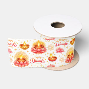 Frohes Diwali — Wasserfarbe Diya & Lotus  Satinband