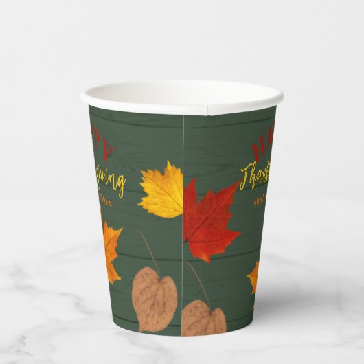 Frohes Erntedankfest farbenfrohe Blätter auf Holz Pappbecher (Rechts)