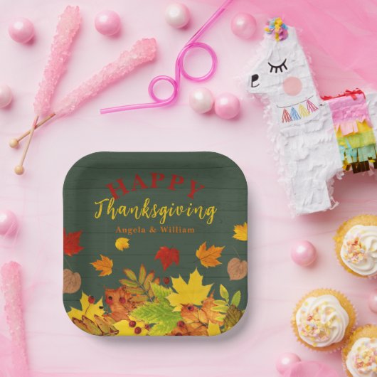 Frohes Erntedankfest farbenfrohe Blätter auf Holz Pappteller (Party)