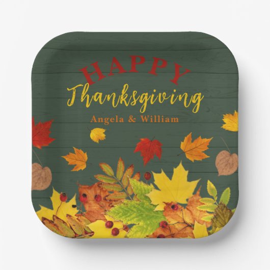 Frohes Erntedankfest farbenfrohe Blätter auf Holz Pappteller (Vorderseite)