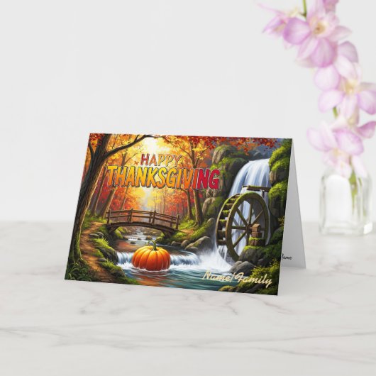 Frohes Erntedankfest Rustic Bridge & Waterwheel Karte (Orchidee)
