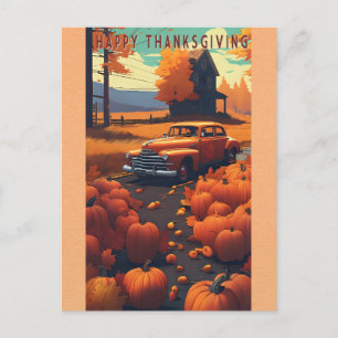 Frohes Erntedankfest Vintage-Auto Orange Kürbis Postkarte