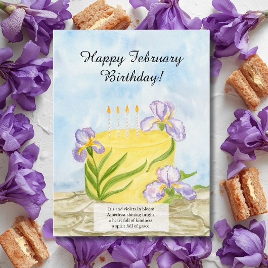 Frohes Februar-Iris-Geburtstagskuchen Postkarte