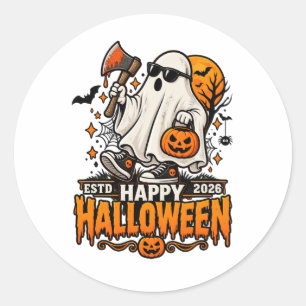Frohes Halloween 2026 Geist mit Sonnenbrille Runder Aufkleber
