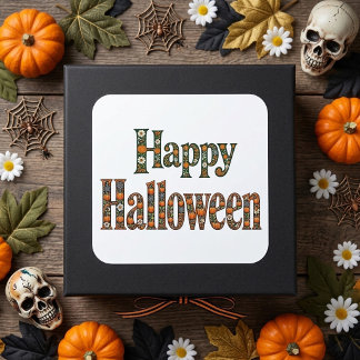 Frohes Halloween Florale Verzierte Kürbisse Botani Quadratischer Aufkleber