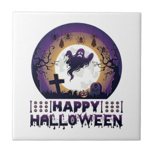 Frohes Halloween Geister Fledermäuse Spinnen_1 Fliese