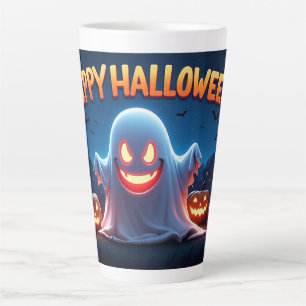 Frohes Halloween-Gespenst mit leuchtenden Kürbisse Milchtasse