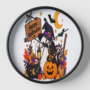 Frohes Halloween Gespenst & schwarze Katze Kürbis Uhr