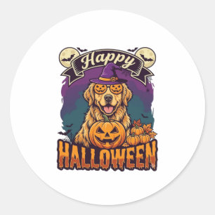 Frohes Halloween Golden Retriever Hexenhut Kürbis Runder Aufkleber