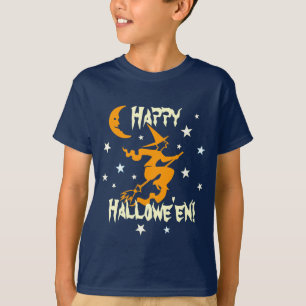 Frohes Halloween Hexe auf Besen Sterne Orange Mond T-Shirt
