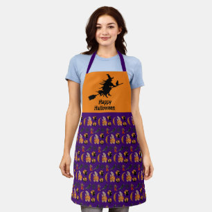 Frohes Halloween Hexe auf einem Besen Lila und Ora Schürze