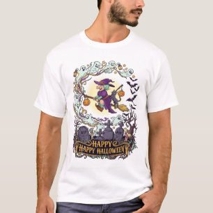 Frohes Halloween Hexenbesen Schwarze Katze Geister T-Shirt