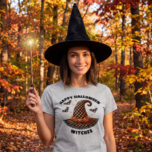 Frohes Halloween Hexenhut Orange & Schwarzer Gingh T-Shirt