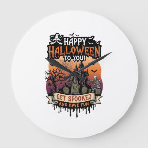 Frohes Halloween Ihr Spukhaus Skelett Fledermäuse_ Große Wanduhr