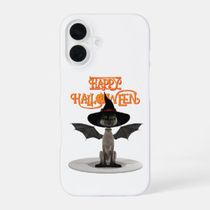 Frohes Halloween. Katze mit Flügeln und Hexenhut iPhone 16 Hülle