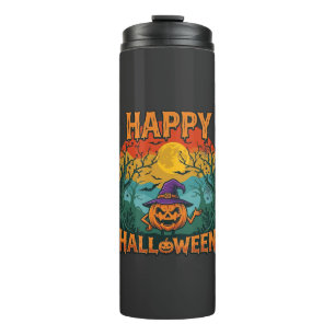 Frohes Halloween Kürbis Hexenhut Vollmond Fledermä Thermosbecher