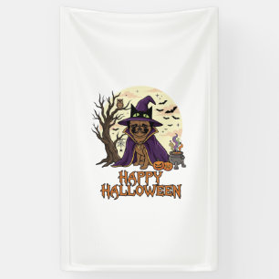 Frohes Halloween Mops Hexenhut Kessel Kürbisse_1 Banner
