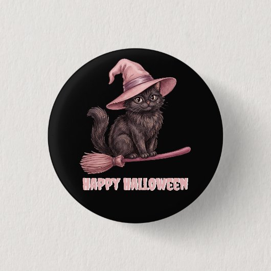 Frohes Halloween schwarze Hexenkatze Button (Vorderseite)