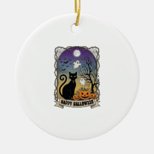 Frohes Halloween Schwarze Katze Geister Kürbisse_1 Keramik Ornament