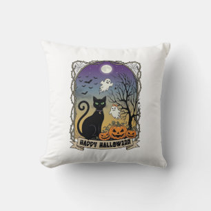 Frohes Halloween Schwarze Katze Geister Kürbisse_1 Kissen