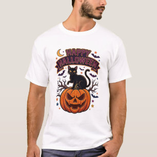 Frohes Halloween Schwarze Katze Kürbis Fledermäuse T-Shirt