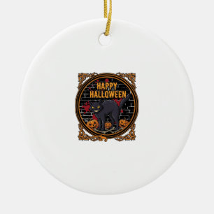 Frohes Halloween Schwarze Katze Kürbisse Knochen_1 Keramik Ornament