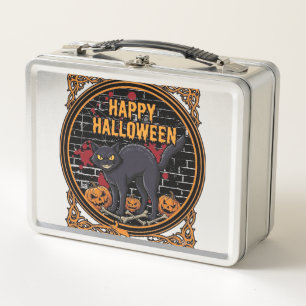 Frohes Halloween Schwarze Katze Kürbisse Knochen_1 Metall Brotdose