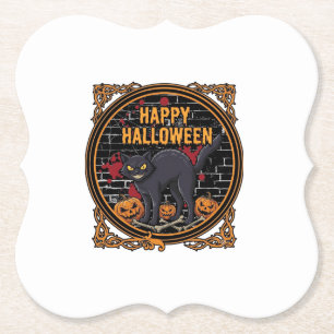 Frohes Halloween Schwarze Katze Kürbisse Knochen_1 Untersetzer