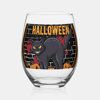 Frohes Halloween Schwarze Katze Kürbisse Knochen_1 Weinglas Ohne Stiel