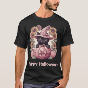 Frohes Halloween Schwarze Katze Rosa Kürbis T-Shirt