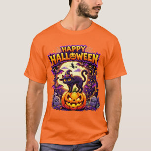 Frohes Halloween Schwarze Katze und Kürbis T-Shirt