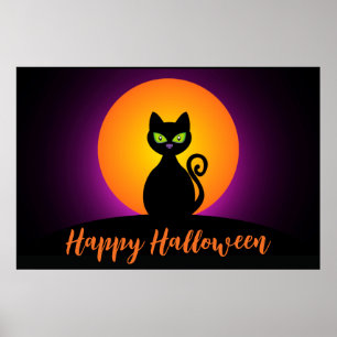 Frohes Halloween schwarze Katze und Mond Poster