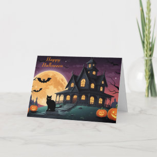 Frohes Halloween Schwarze Katze und Spukhaus  Feiertagskarte