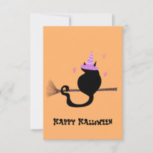 Frohes Halloween schwarze Katzenhexenmütze und Bes Karte