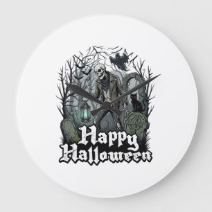 Frohes Halloween Skelett Laterne Schwarze Katze Fr Große Wanduhr