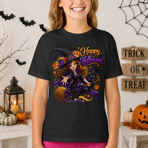 Frohes Halloween Süße Hexe Schwarze Katze Fliegend T-Shirt