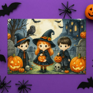 Frohes Halloween Süße Kinder in Kostümen  Feiertagspostkarte