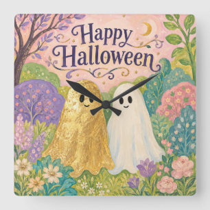 Frohes Halloween Süßer Geist Blumengarten Quadratische Wanduhr