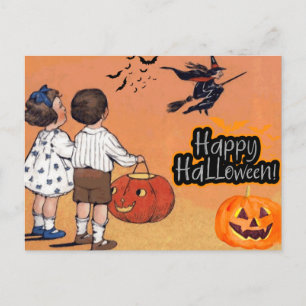 Frohes Halloween Vintage Kinder, Hexe, Kürbisse Postkarte