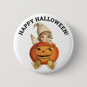 Frohes Halloween Vintage-Kürbis und Kind Button
