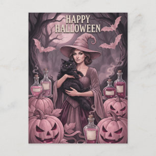 Frohes Halloween Vintage Rosa Hexe & schwarze Katz Feiertagspostkarte